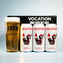 Load image into Gallery viewer, Vocation Hebden Lager Gift Set | Lager Gift Pack | 3 x 440ml Cans &amp; Glass - Vocation Brewery
