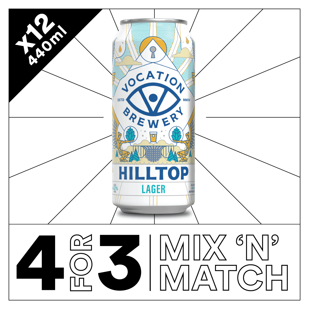 12PK Hilltop Lager | 4.3% Lager 440ml - Vocation Brewery