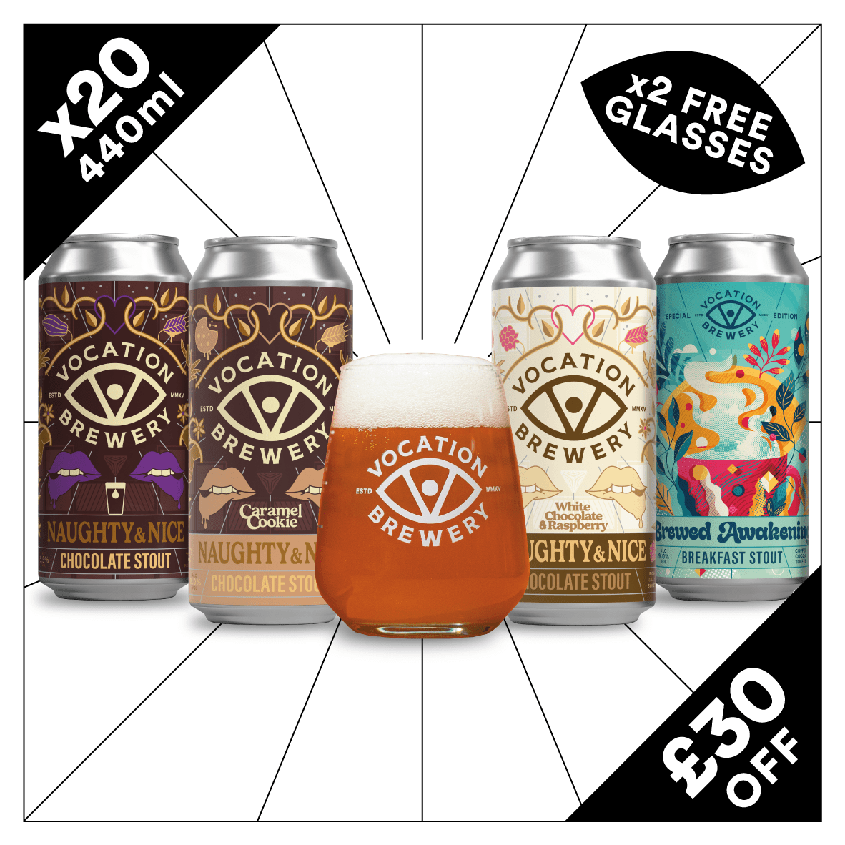 Big Value Stout Case | Mixed Stout Pack | 20 x 440ml & 2 Glasses - Vocation Brewery