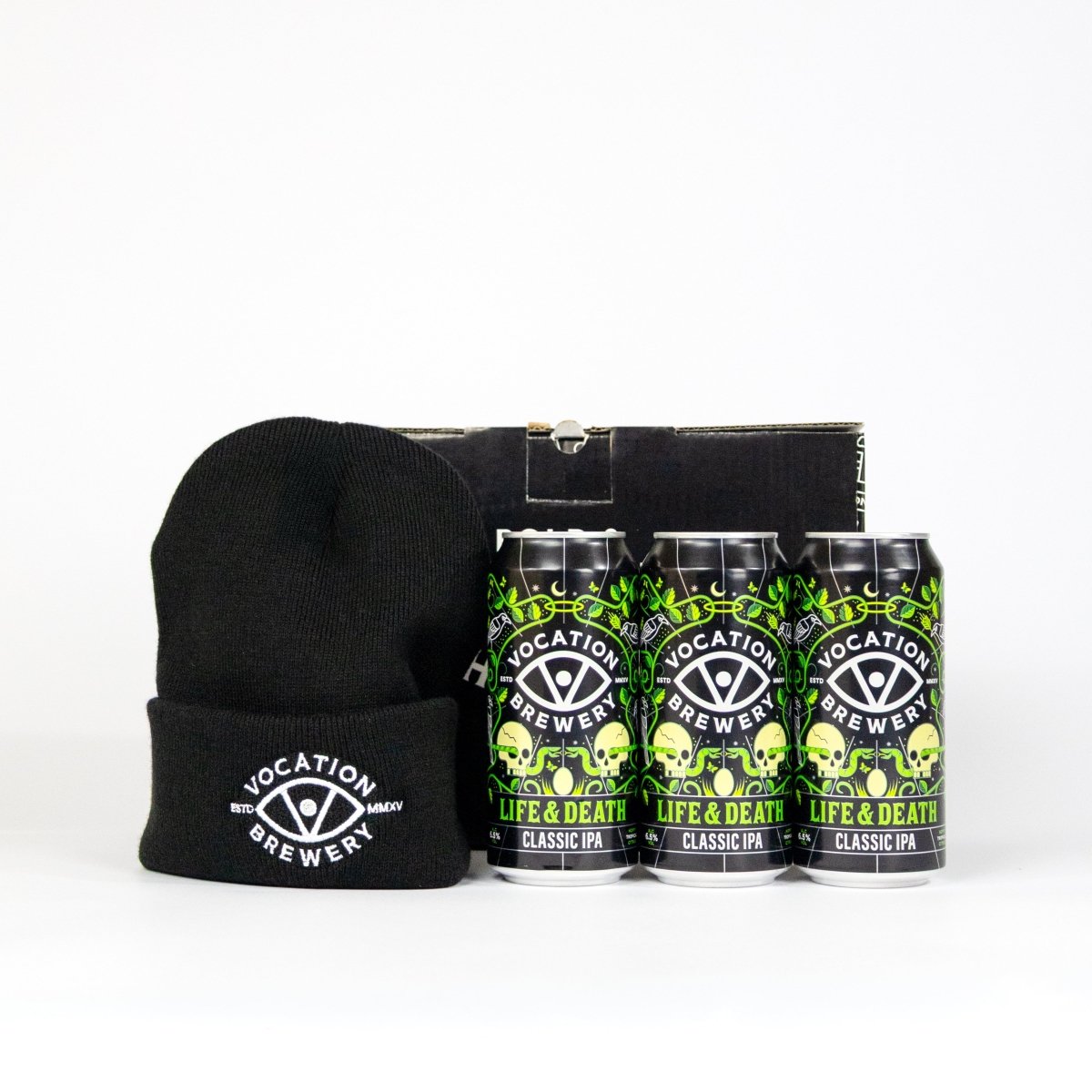 Life & Death Beer & Beanie Gift Set | Hoppy IPA Gift Pack | 3 x 440ml & Beanie - Vocation Brewery