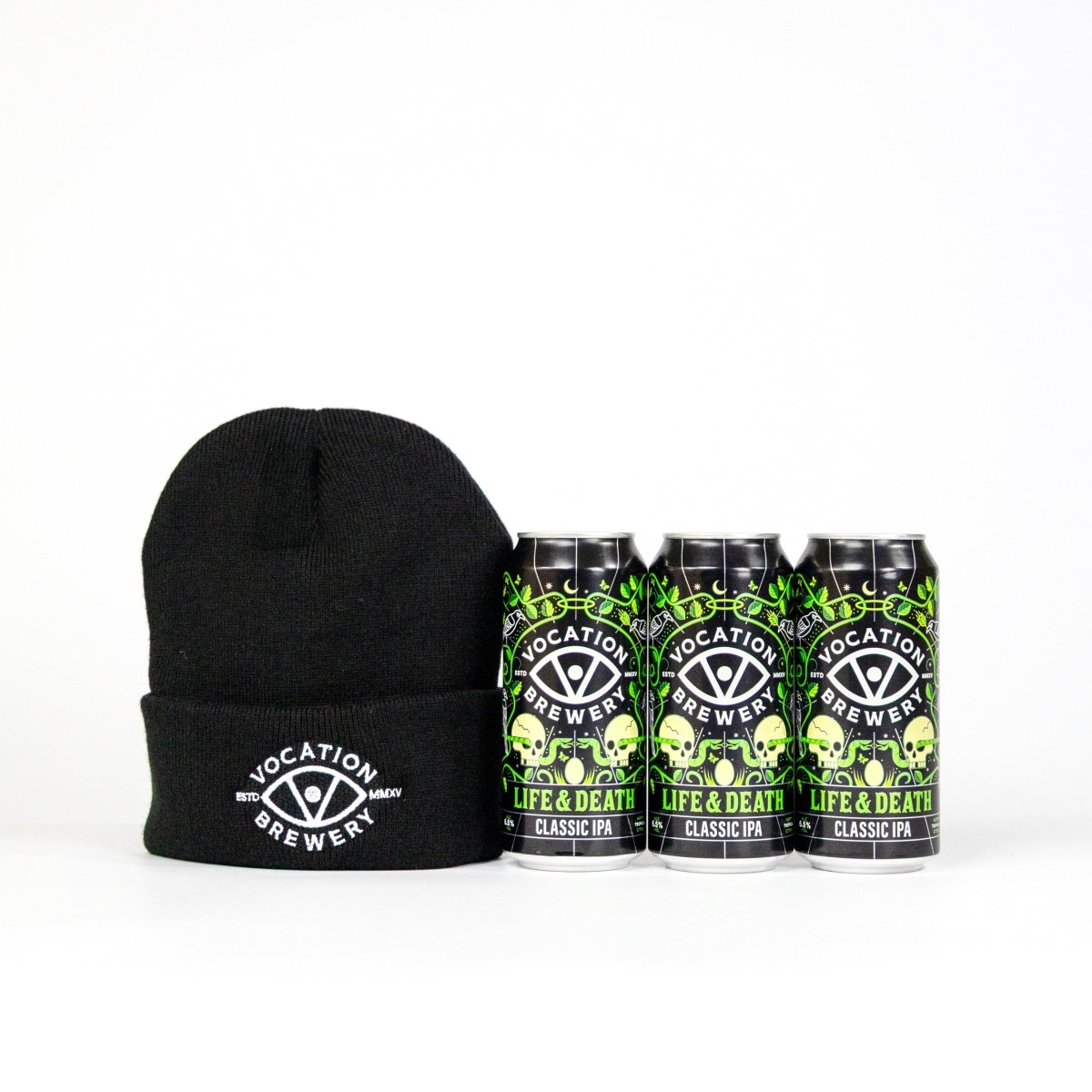 Life & Death Beer & Beanie Gift Set | Hoppy IPA Gift Pack | 3 x 440ml & Beanie - Vocation Brewery